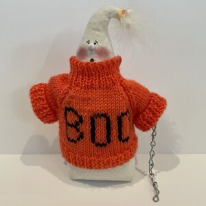Handmade Halloween Plush Ghost Sparkle White Orange Black Boo Sweater & Chain